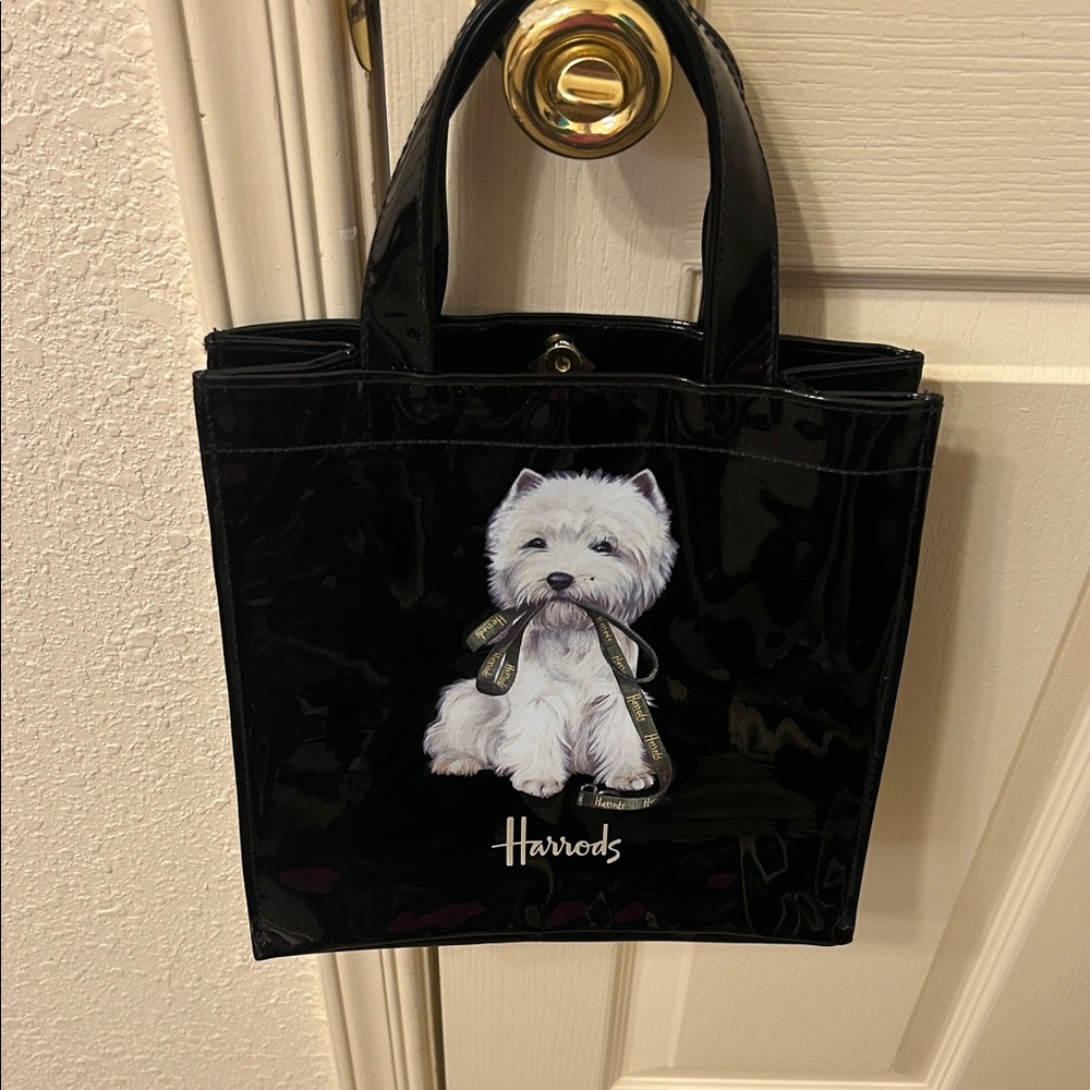 Harrods Black Patent Tote with White Westie Illustration